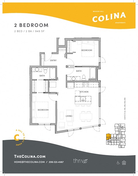 Floor plan for 2 beds, 2 baths, 947 sqft